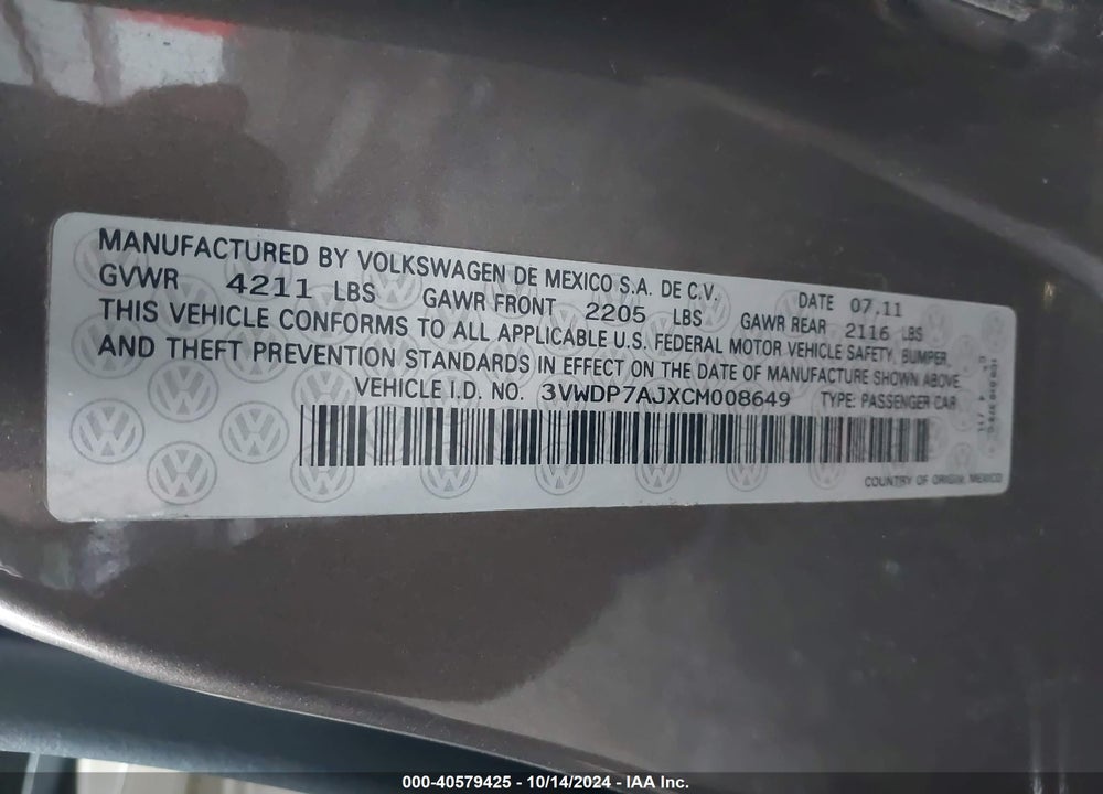 2012 VOLKSWAGEN JETTA 2.5L SE VIN: 3VWDP7AJXCM008649