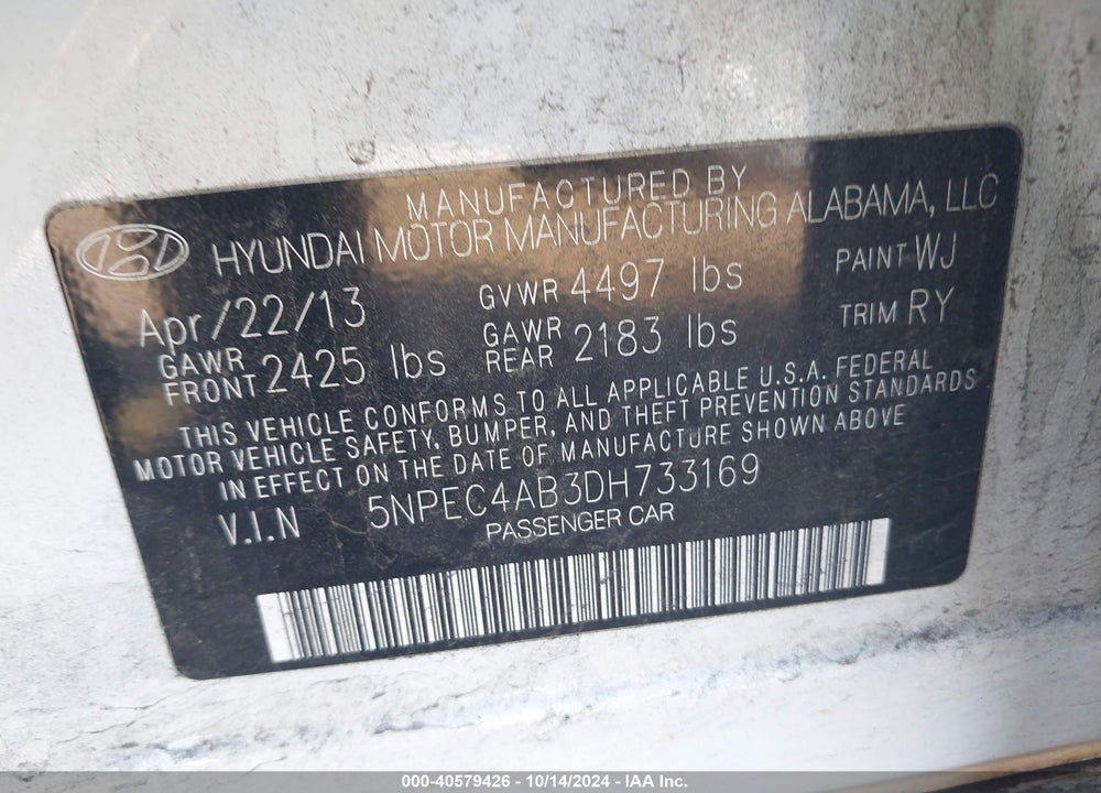 2013 HYUNDAI SONATA SE 2.0T VIN: 5NPEC4AB3DH733169