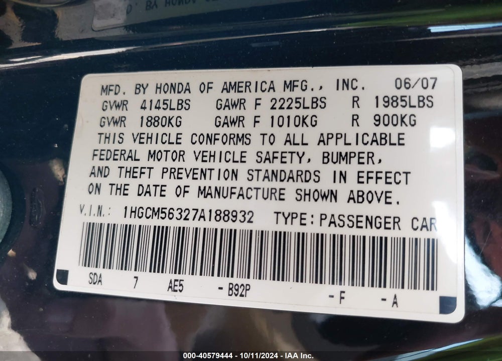 2007 HONDA ACCORD 2.4 SE VIN: 1HGCM56327A188932