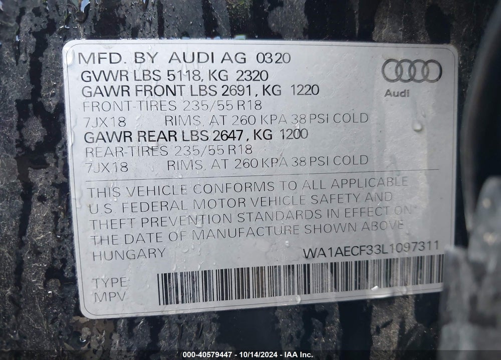 2020 AUDI Q3 PREMIUM 45 TFSI QUATTRO TIPTRONIC VIN: WA1AECF33L1097311