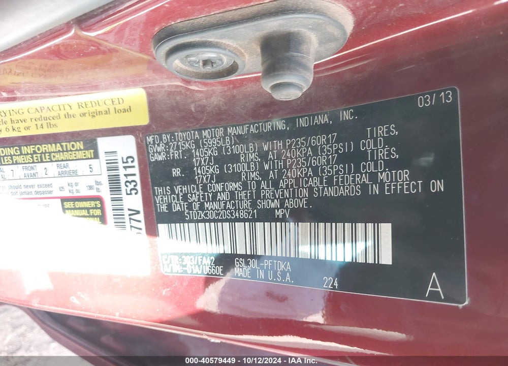 2013 TOYOTA SIENNA L V6 7 PASSENGER VIN: 5TDZK3DC2DS348621