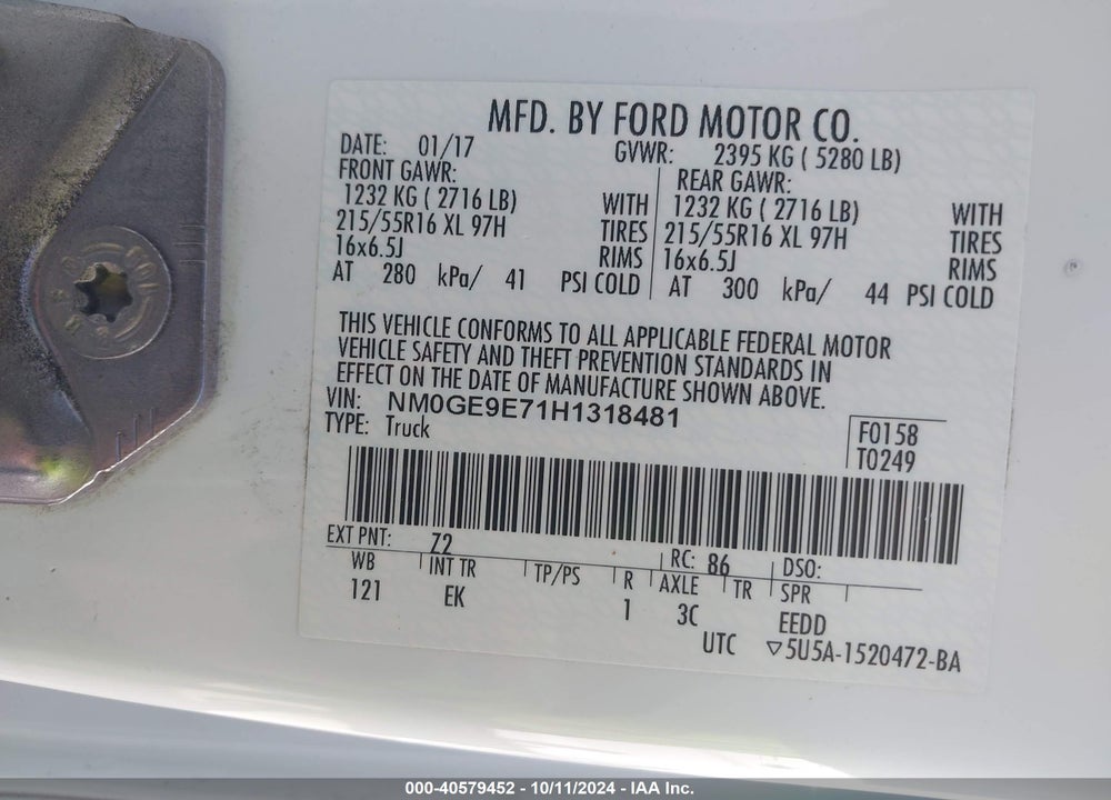 2017 FORD TRANSIT CONNECT XL VIN: NM0GE9E71H1318481
