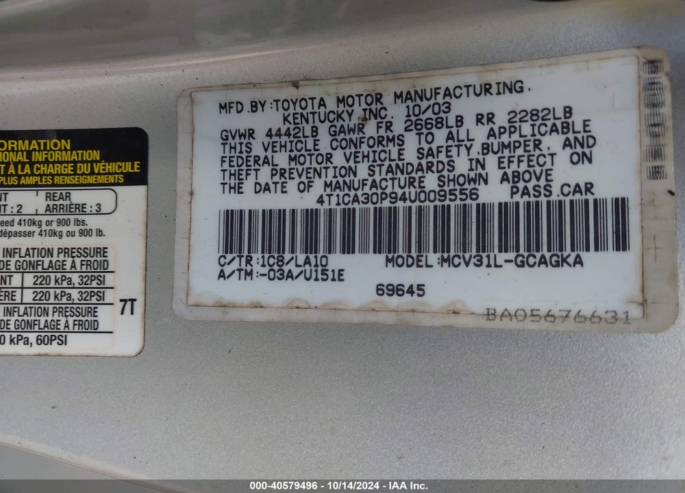 2004 TOYOTA CAMRY SOLARA SLE V6 VIN: 4T1CA30P94U009556