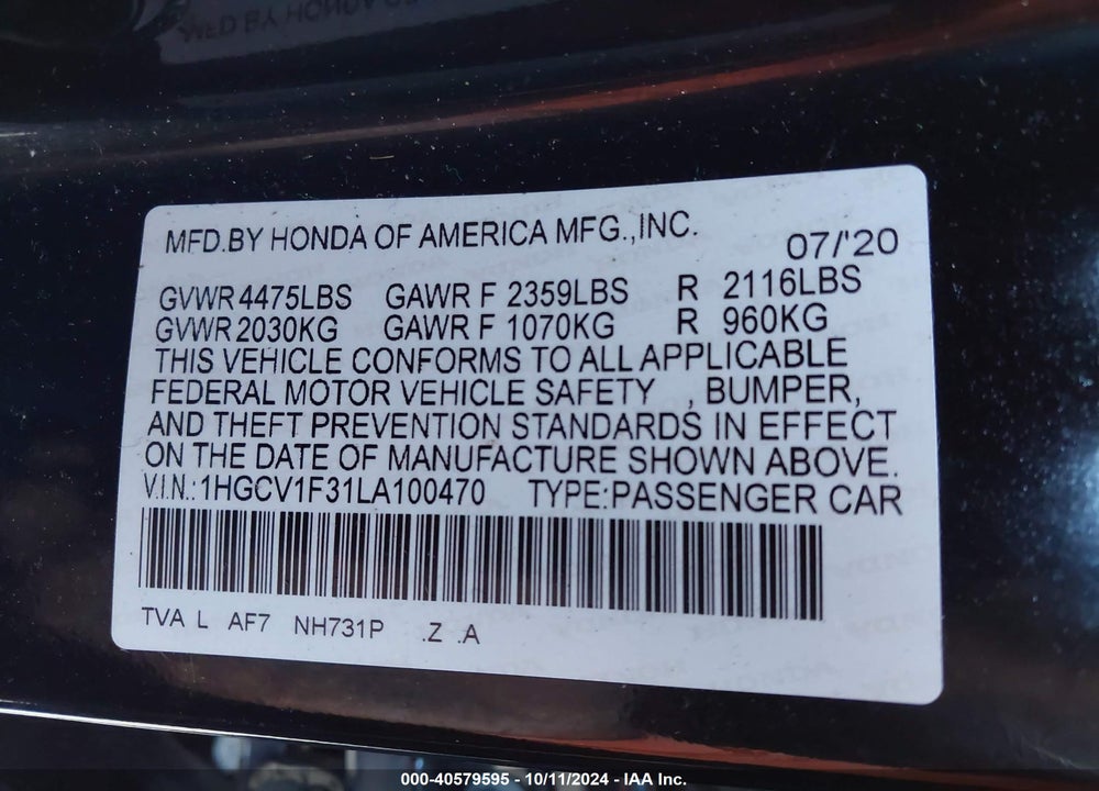 2020 HONDA ACCORD SPORT VIN: 1HGCV1F31LA100470