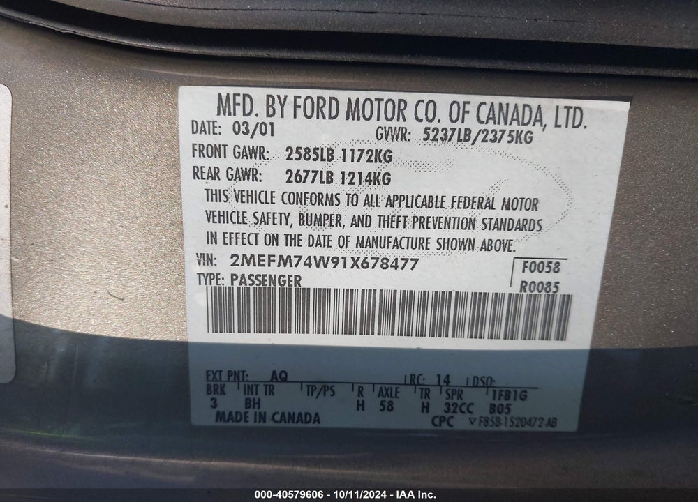 2001 MERCURY GRAND MARQUIS GS VIN: 2MEFM74W91X678477