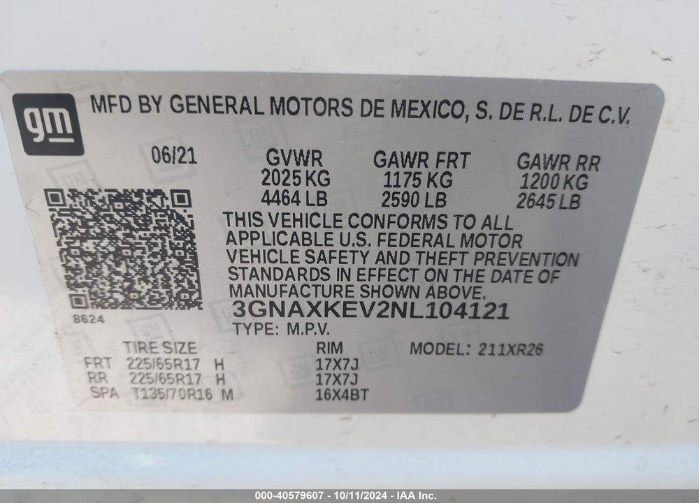 2022 CHEVROLET EQUINOX FWD LT VIN: 3GNAXKEV2NL104121