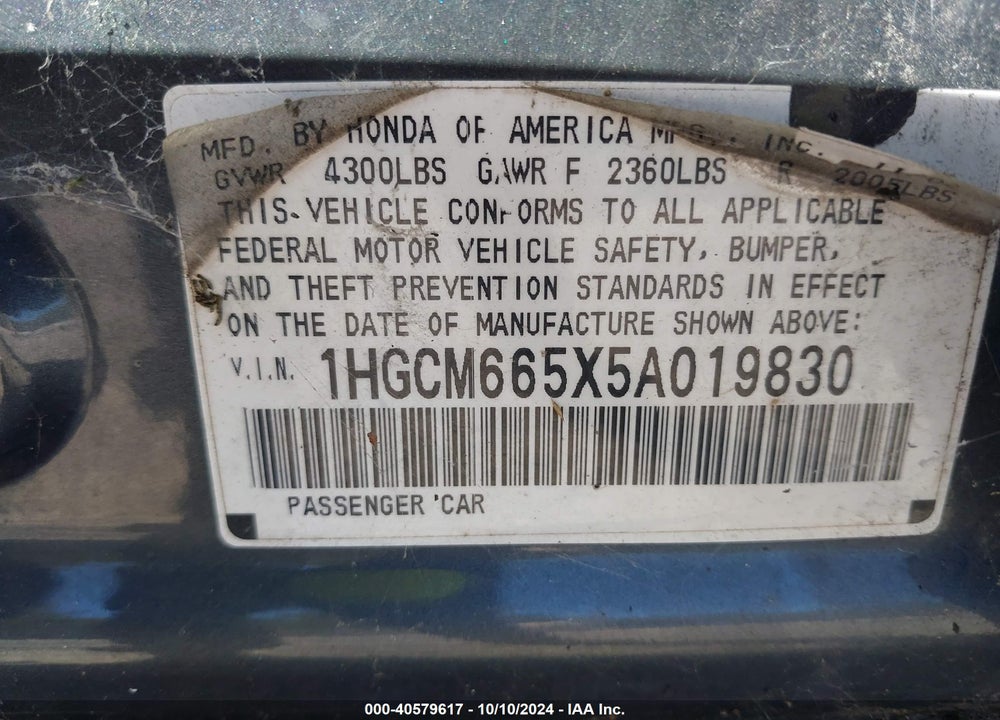 2005 HONDA ACCORD 3.0 EX VIN: 1HGCM665X5A019830