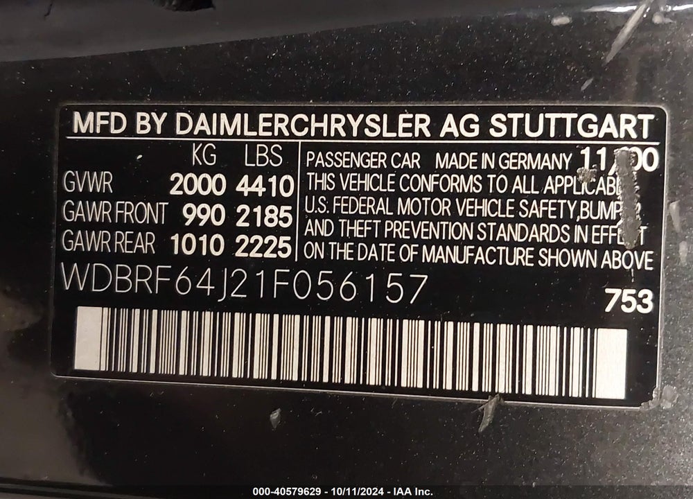 2001 MERCEDES-BENZ C 320 VIN: WDBRF64J21F056157