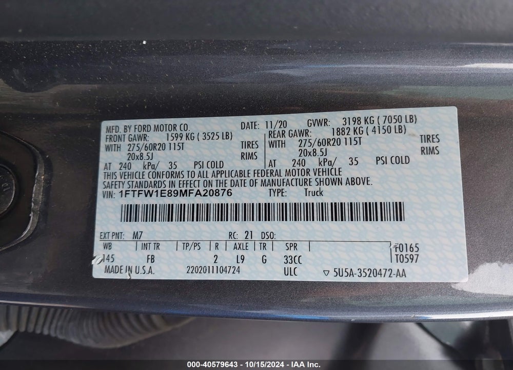 2021 FORD F-150 XLT VIN: 1FTFW1E89MFA20876