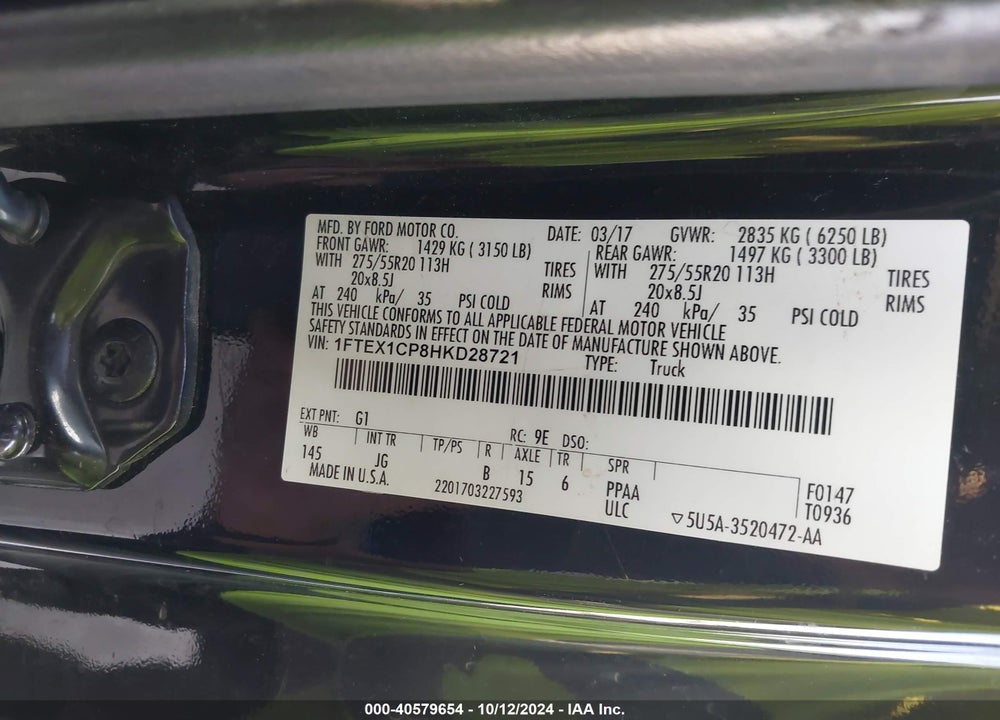 2017 FORD F-150 VIN: 1FTEX1CP8HKD28721