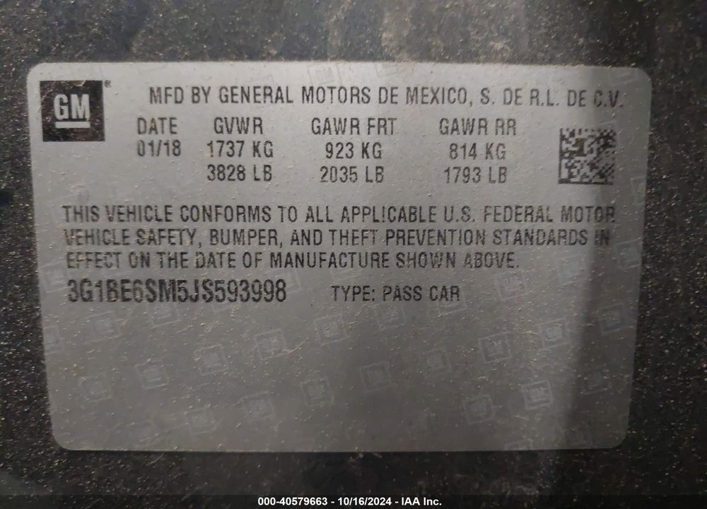2018 CHEVROLET CRUZE VIN: 3G1BE6SM5JS593998