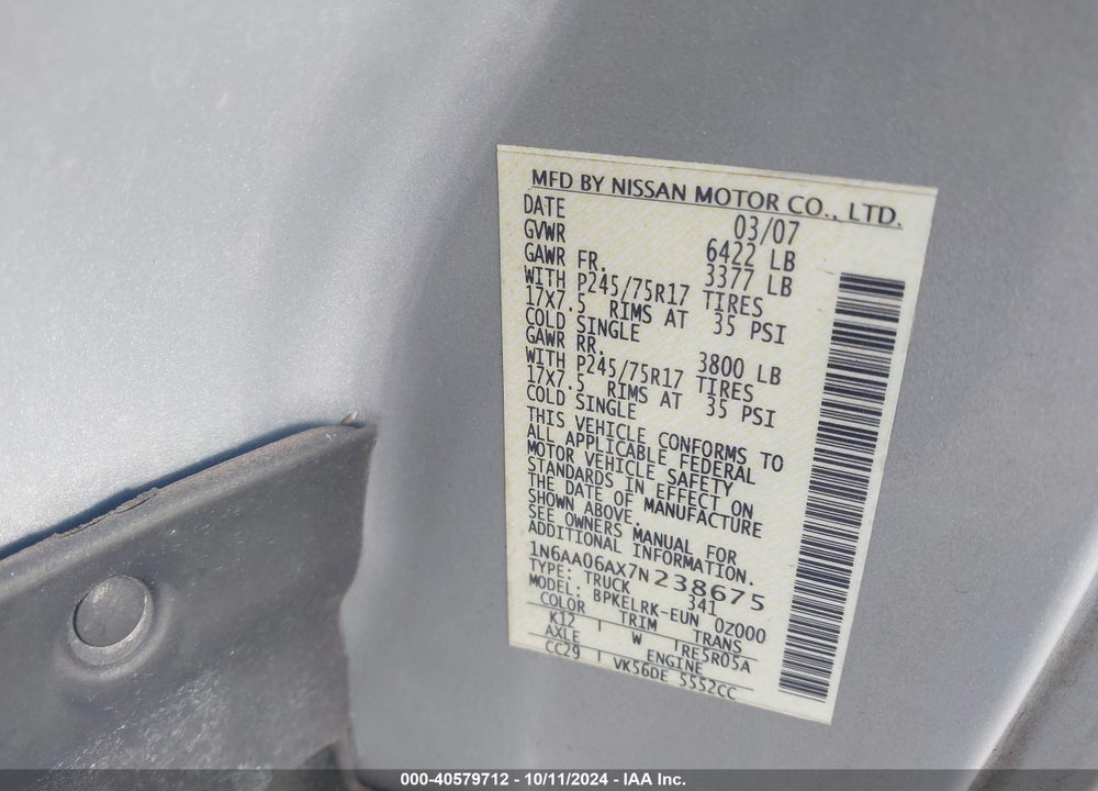 2007 NISSAN TITAN XE VIN: 1N6AA06AX7N238675
