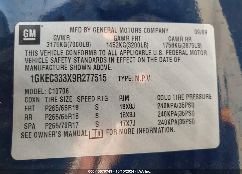 2009 GMC YUKON SLT1 VIN: 1GKEC333X9R277515