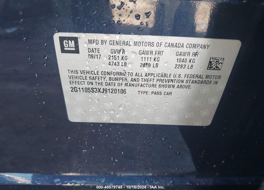 2018 CHEVROLET IMPALA 1LT VIN: 2G1105S3XJ9120106