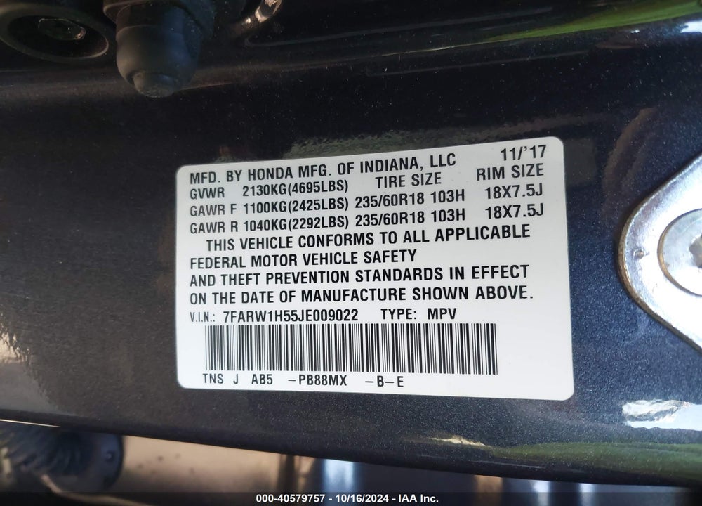 2018 HONDA CR-V EX VIN: 7FARW1H55JE009022