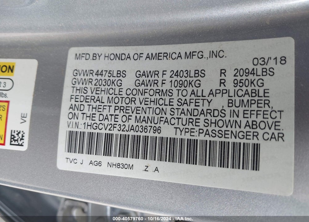 2018 HONDA ACCORD SPORT 2.0T VIN: 1HGCV2F32JA036796