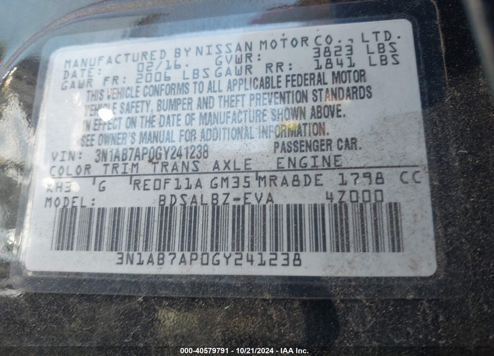 2016 NISSAN SENTRA VIN: 3N1AB7AP0GY241238