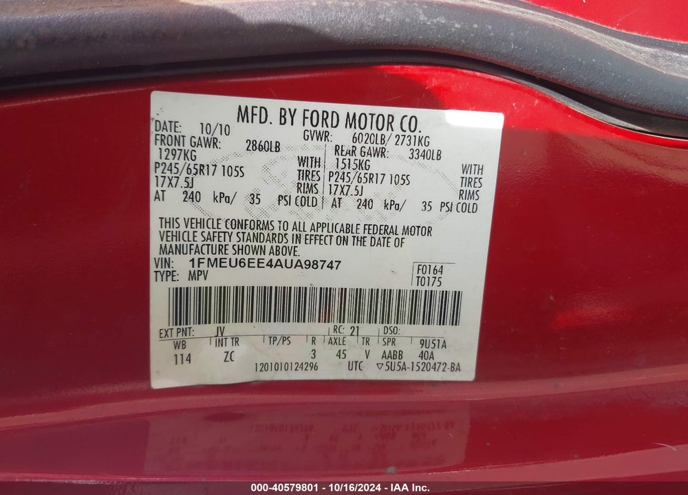 2010 FORD EXPLORER EDDIE BAUER VIN: 1FMEU6EE4AUA98747