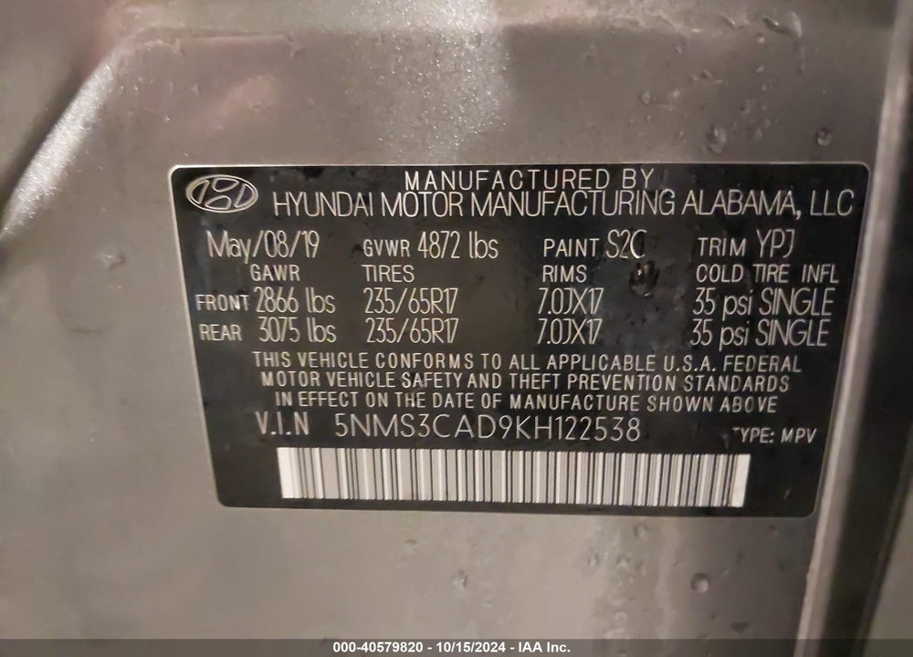2019 HYUNDAI SANTA FE SEL VIN: 5NMS3CAD9KH122538