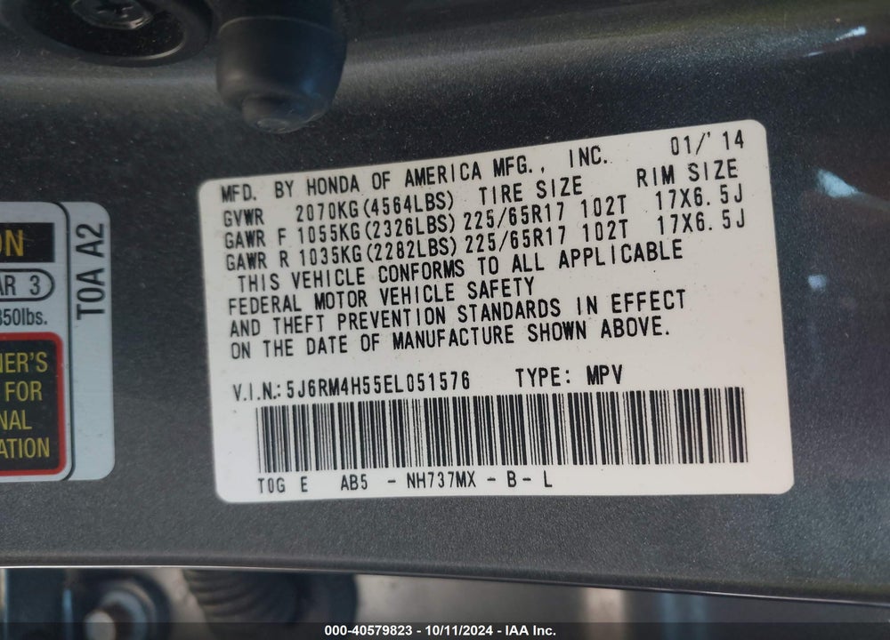 2014 HONDA CR-V EX VIN: 5J6RM4H55EL051576