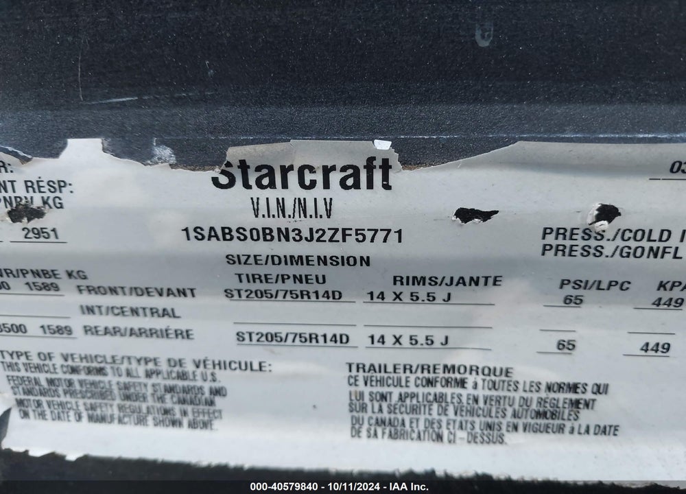 2019 STARCREST OTHER VIN: 1SABS0BN3J2ZF5771
