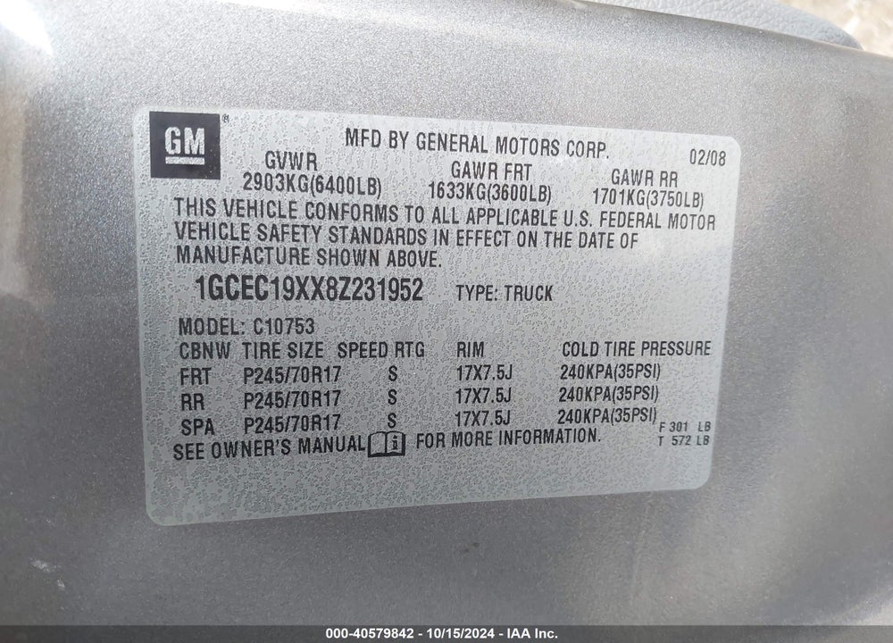 2008 CHEVROLET SILVERADO 1500 WORK TRUCK VIN: 1GCEC19XX8Z231952