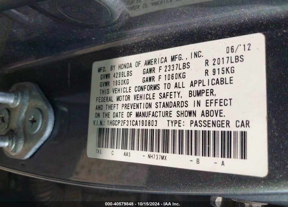 2012 HONDA ACCORD 2.4 LX VIN: 1HGCP2F31CA190803