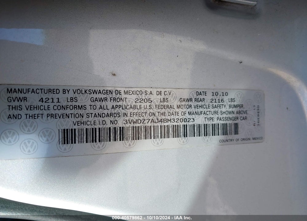 2011 VOLKSWAGEN JETTA 2.5L SE VIN: 3VWDZ7AJ4BM320023