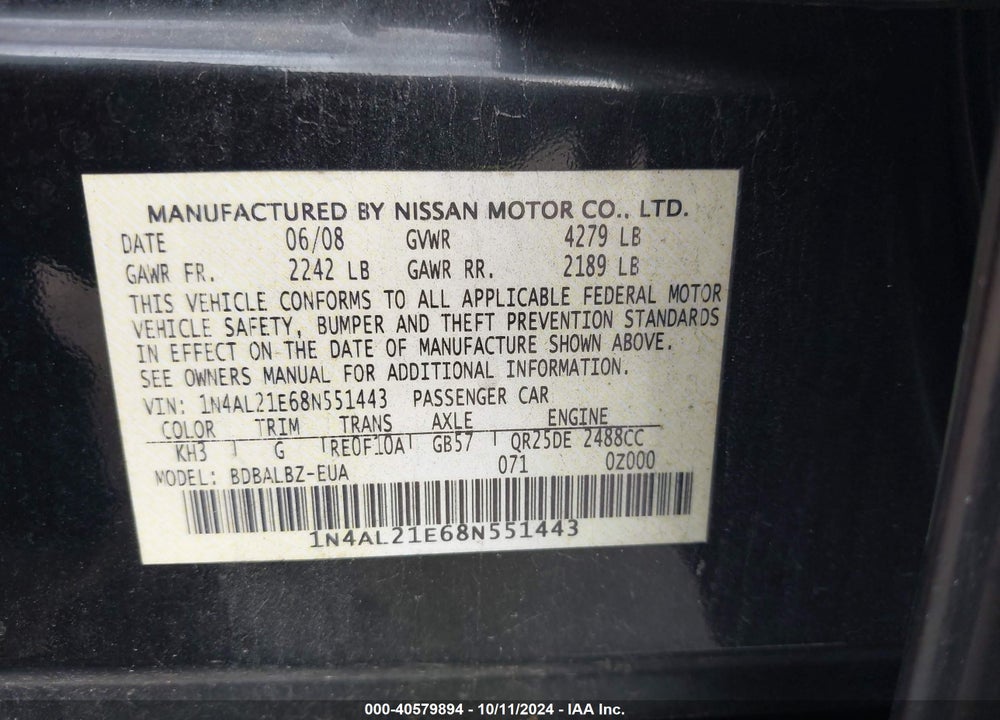 2008 NISSAN ALTIMA 2.5 S VIN: 1N4AL21E68N551443