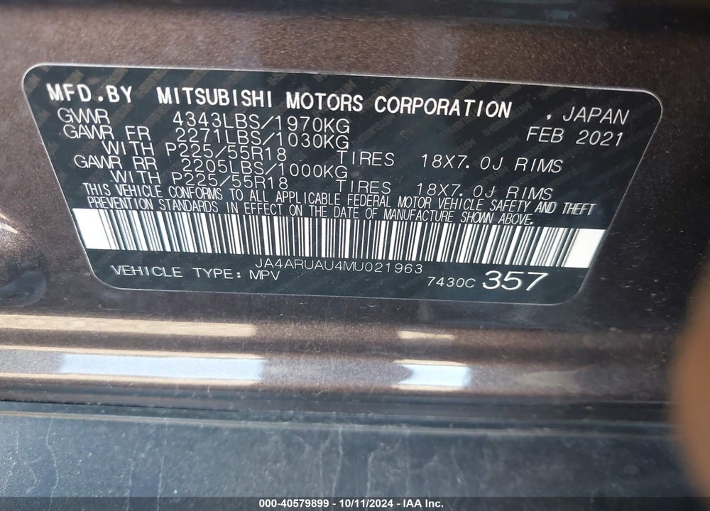 2021 MITSUBISHI OUTLANDER SPORT 2.0 BE /2.0 ES /2.0 LE /2.0 SE VIN: JA4ARUAU4MU021963