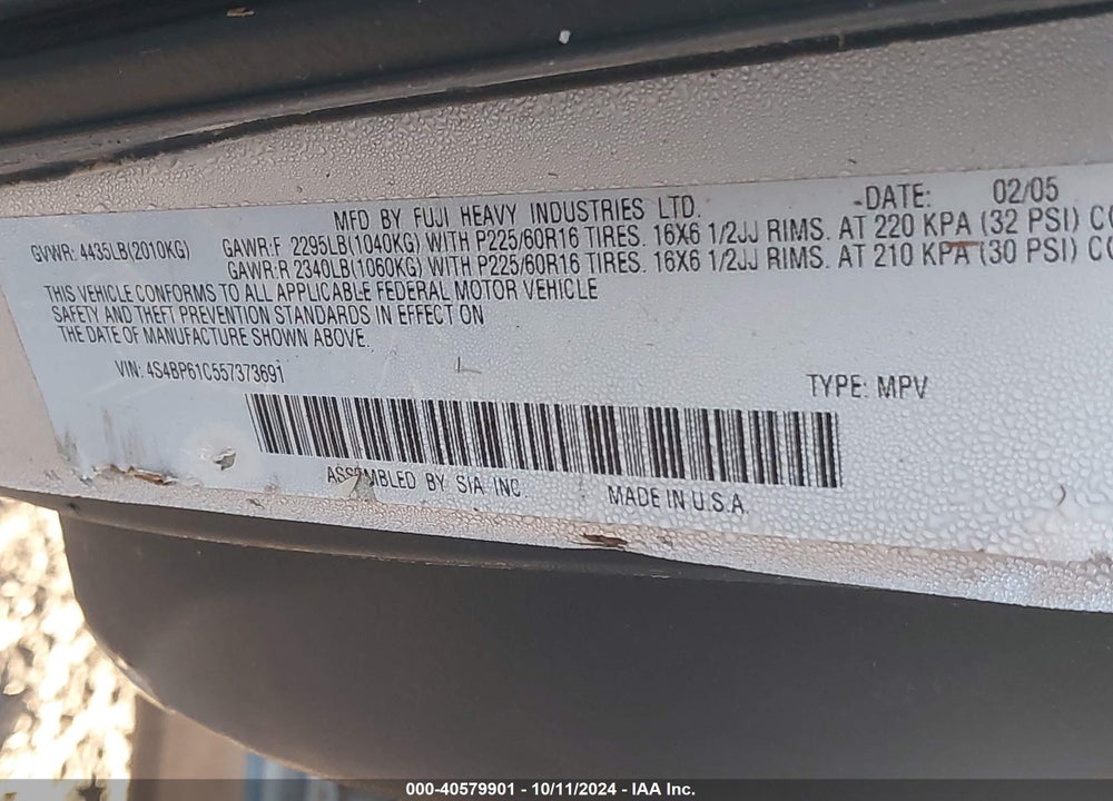 2005 SUBARU OUTBACK 2.5I VIN: 4S4BP61C557373691