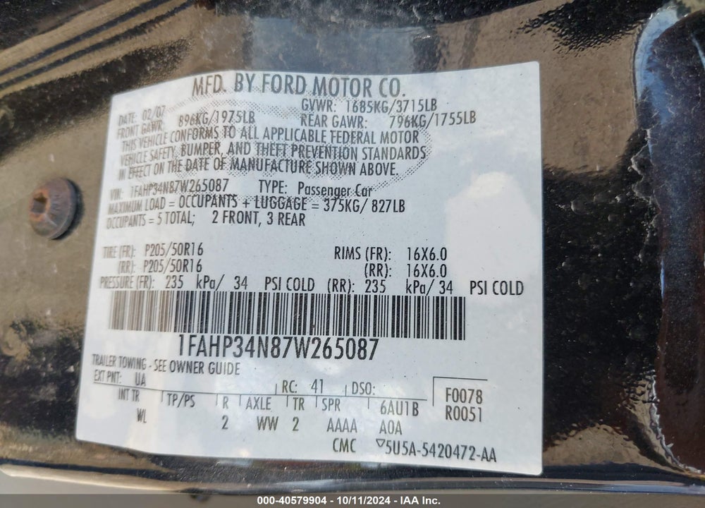 2007 FORD FOCUS S/SE/SES VIN: 1FAHP34N87W265087