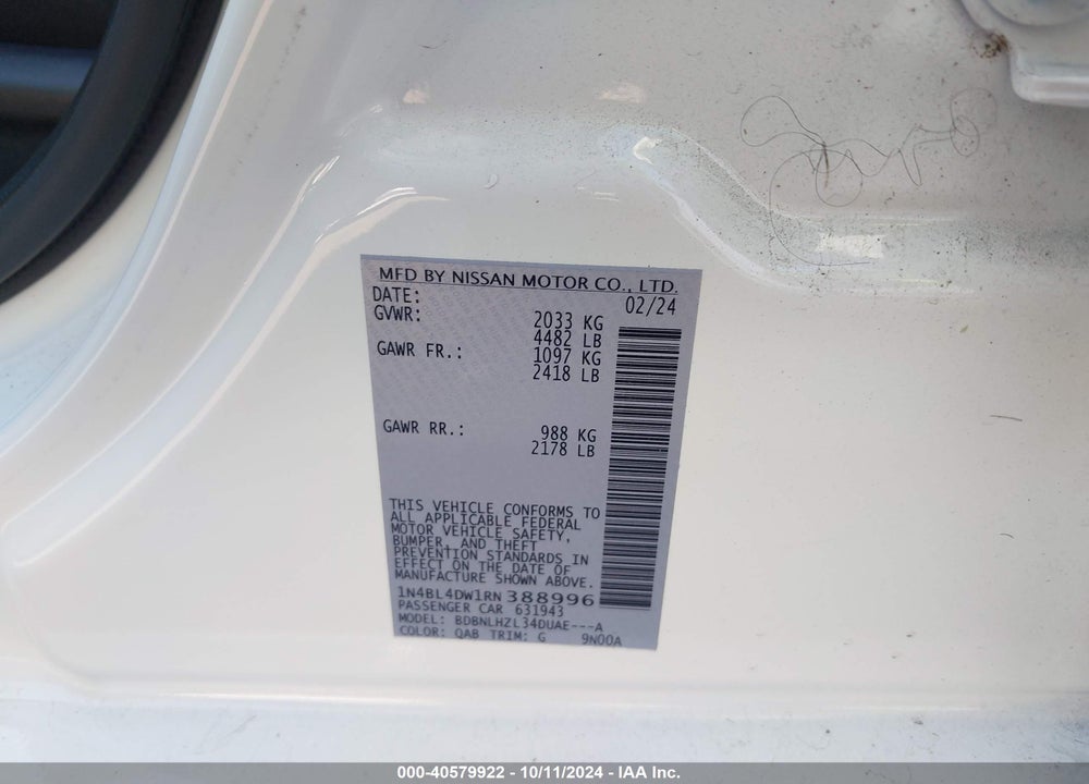 2024 NISSAN ALTIMA SV INTELLIGENT AWD VIN: 1N4BL4DW1RN388996