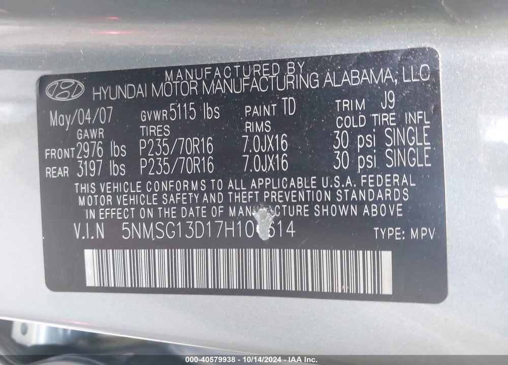 2007 HYUNDAI SANTA FE GLS VIN: 5NMSG13D17H104614