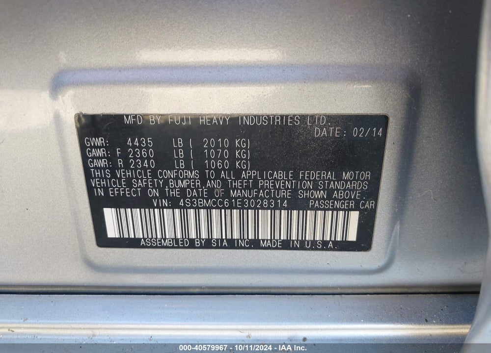 2014 SUBARU LEGACY 2.5I PREMIUM VIN: 4S3BMCC61E3028314