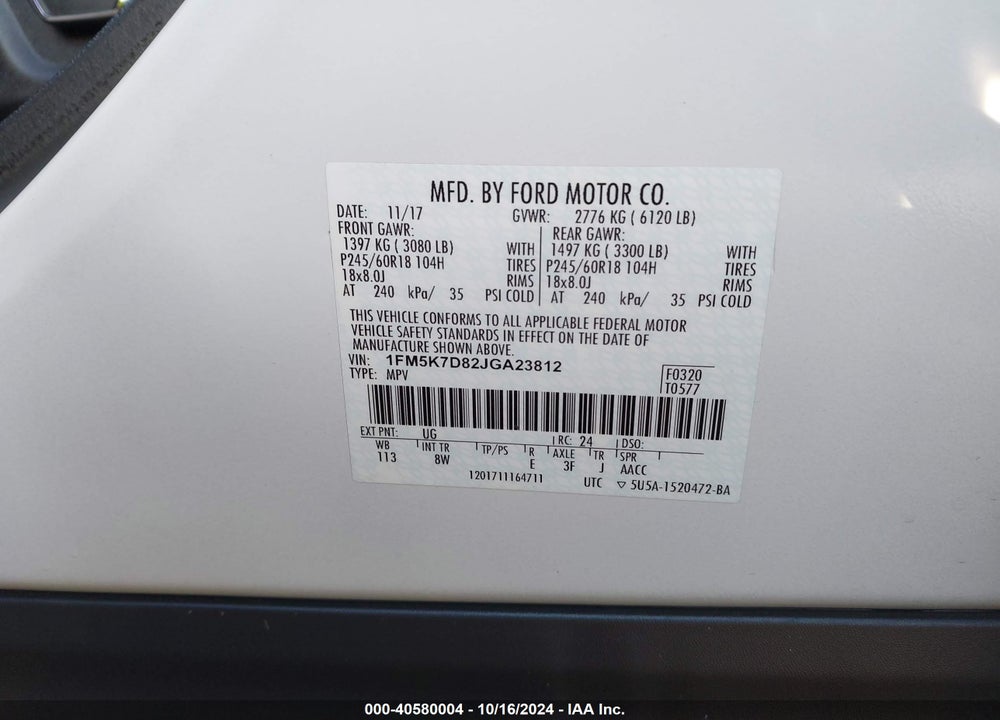 2018 FORD EXPLORER XLT VIN: 1FM5K7D82JGA23812