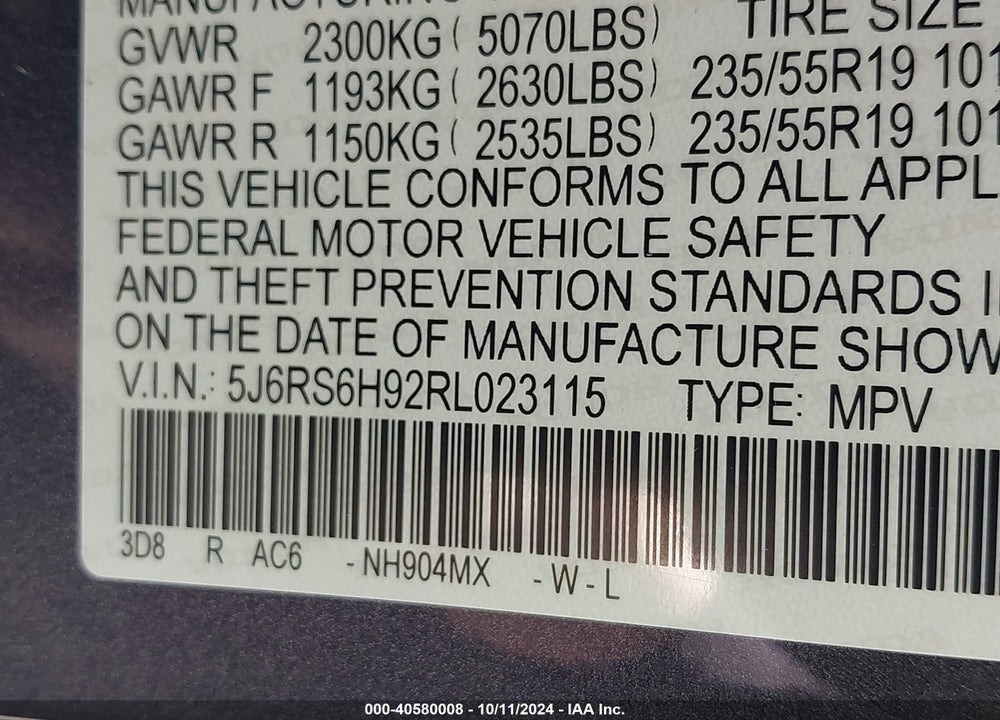 2024 HONDA CR-V VIN: 5J6RS6H92RL023115
