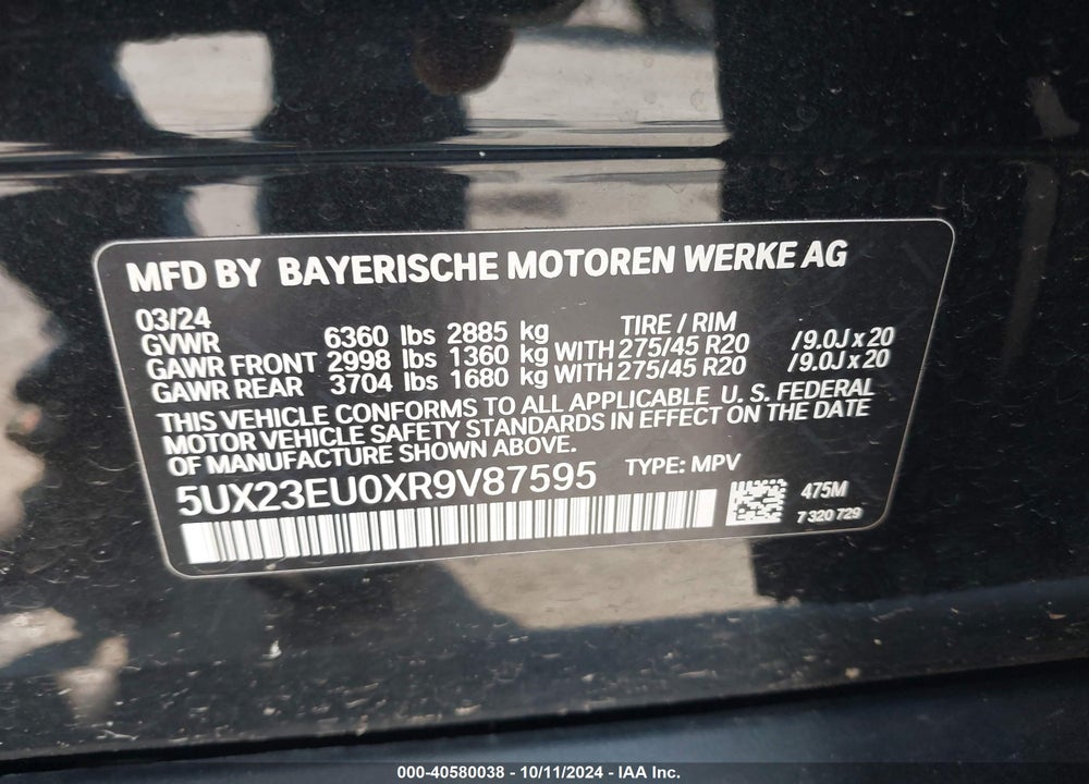 2024 BMW X5 XDRIVE40I VIN: 5UX23EU0XR9V87595