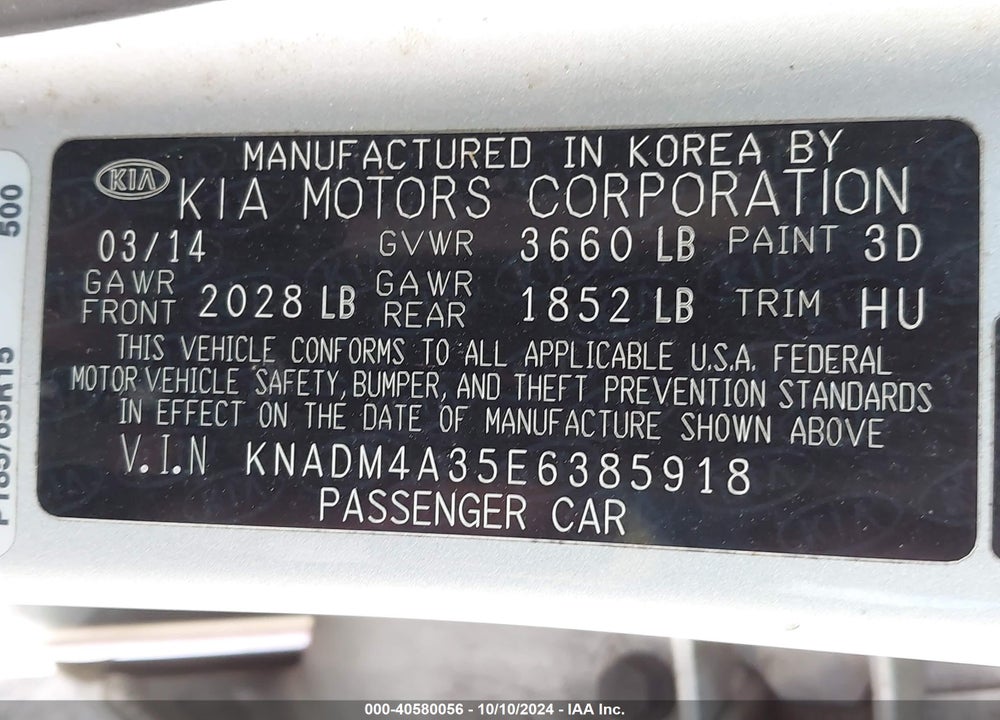 2014 KIA RIO LX VIN: KNADM4A35E6385918