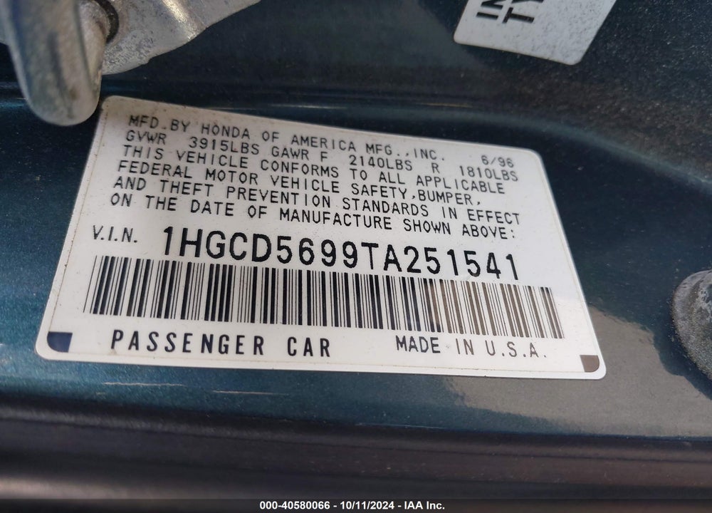 1996 HONDA ACCORD VALUE VIN: 1HGCD5699TA251541