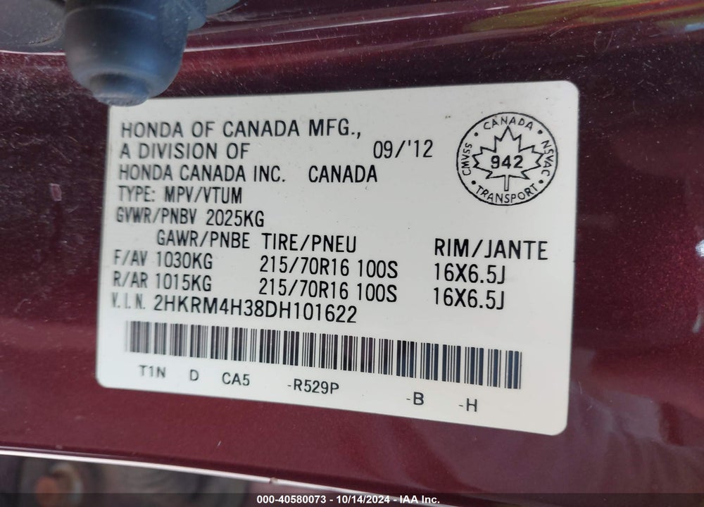 2013 HONDA CR-V LX VIN: 2HKRM4H38DH101622
