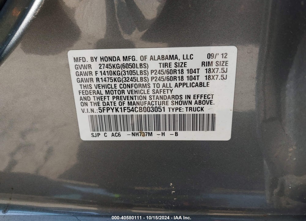 2012 HONDA RIDGELINE RTL VIN: 5FPYK1F54CB003051