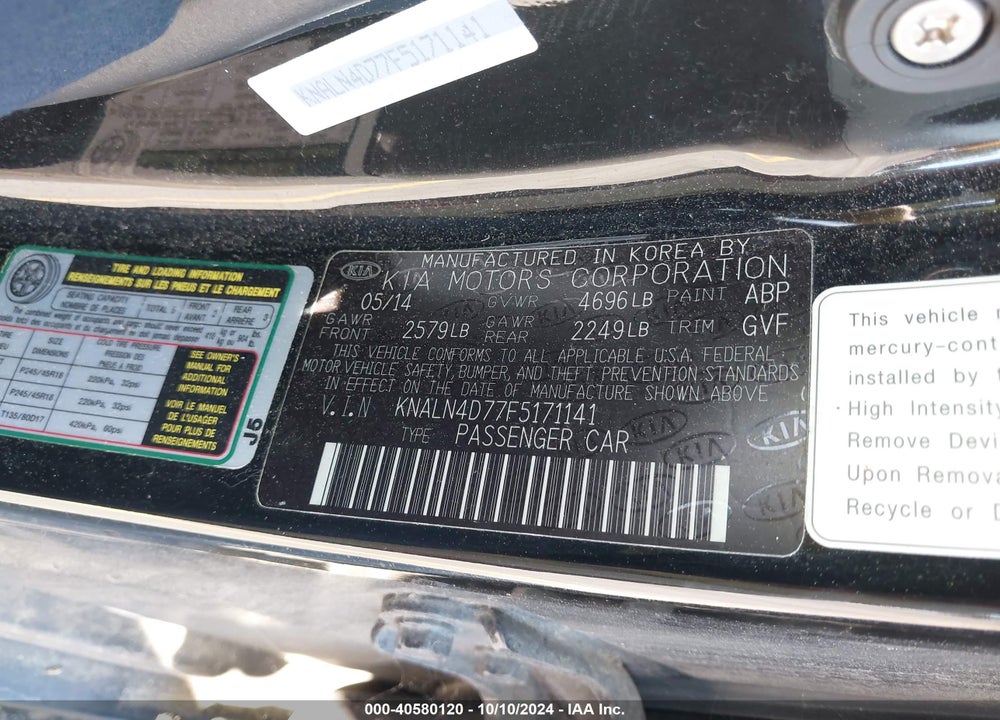 2015 KIA CADENZA PREMIUM VIN: KNALN4D77F5171141