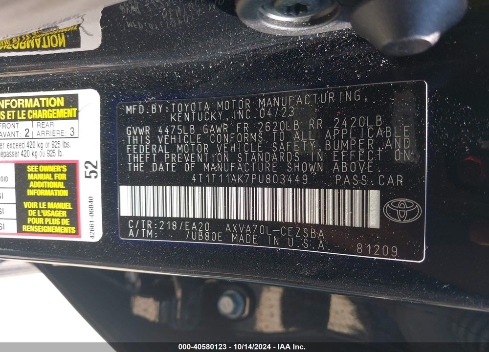 2023 TOYOTA CAMRY SE VIN: 4T1T11AK7PU803449