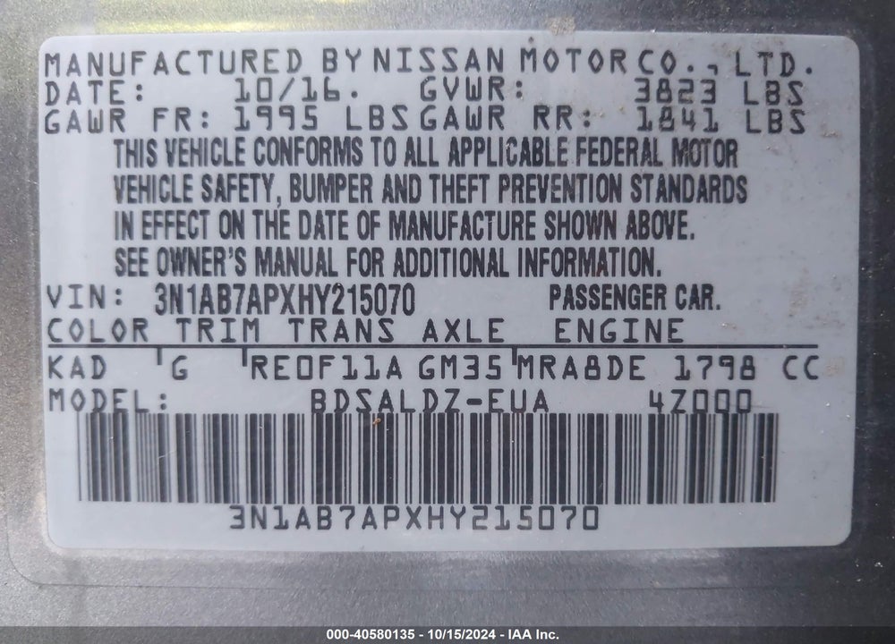 2017 NISSAN SENTRA SV VIN: 3N1AB7APXHY215070