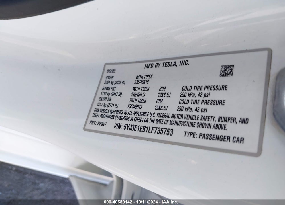 2020 TESLA MODEL 3 LONG RANGE DUAL MOTOR ALL-WHEEL DRIVE VIN: 5YJ3E1EB1LF735753