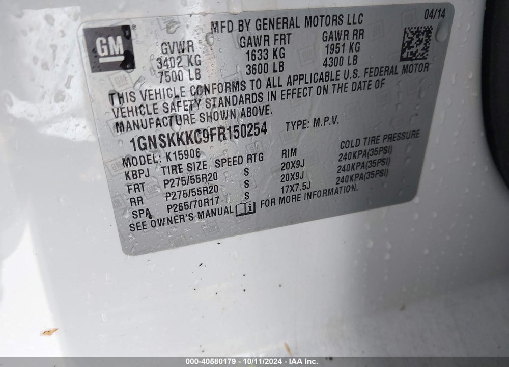 2015 CHEVROLET SUBURBAN 1500 LTZ VIN: 1GNSKKKC9FR150254