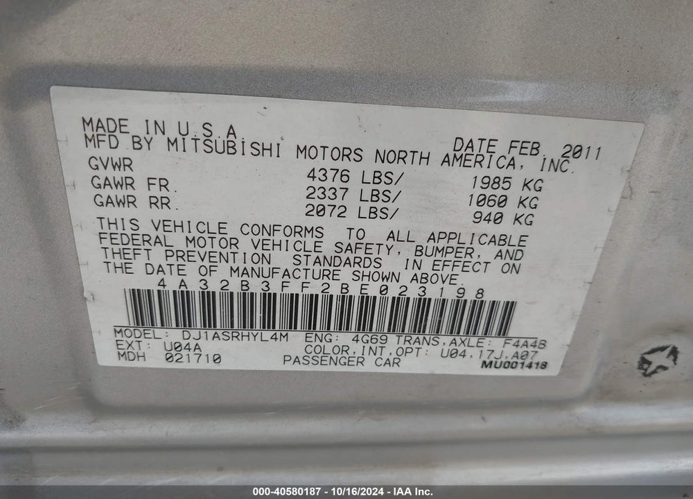 2011 MITSUBISHI GALANT ES/SE VIN: 4A32B3FF2BE023198