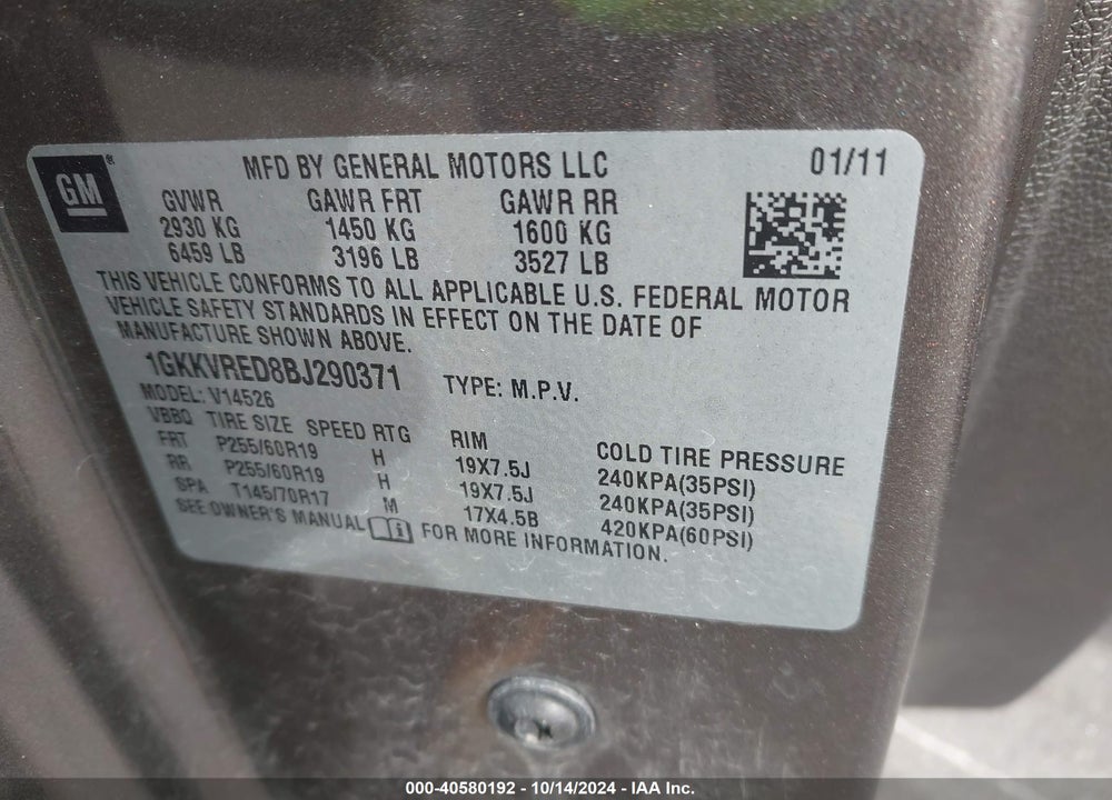 2011 GMC ACADIA SLT-1 VIN: 1GKKVRED8BJ290371
