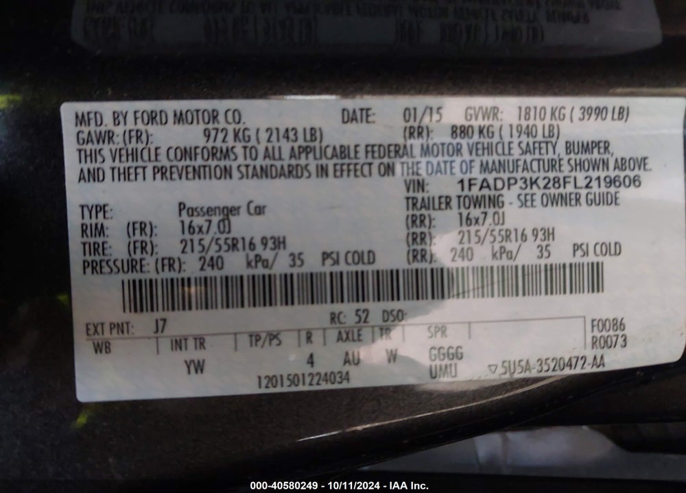 2015 FORD FOCUS SE VIN: 1FADP3K28FL219606